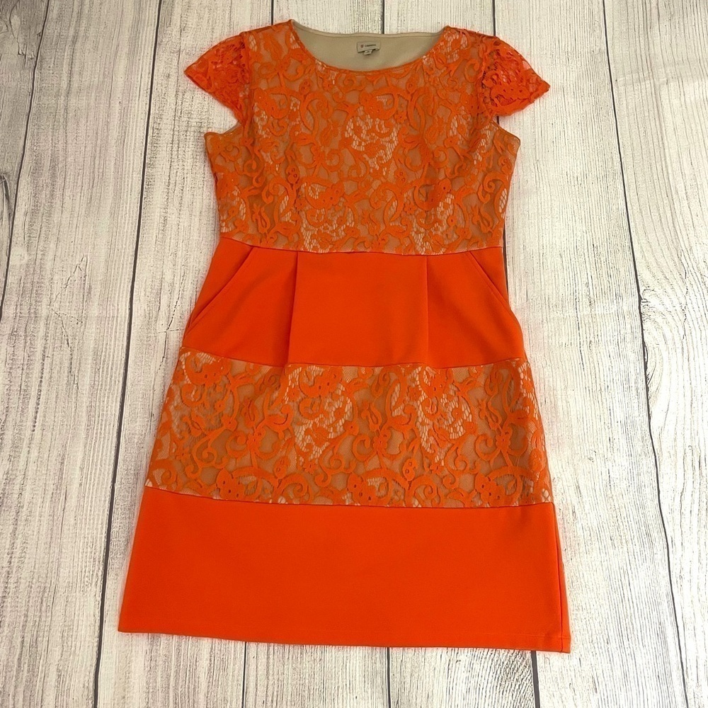 CREMIEUX Women’s Orange Lace Shift Dress With Pockets Size Medium